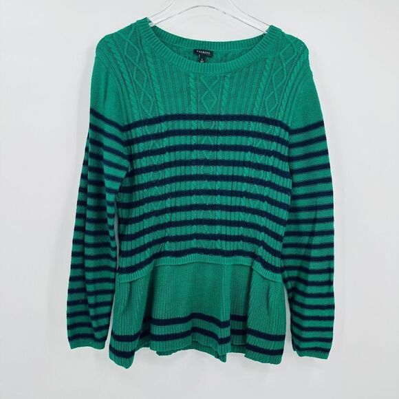 Talbots Sweaters - Talbots Size Large Navy Blue & Green Striped Peplum Cable Knit Sweater Top